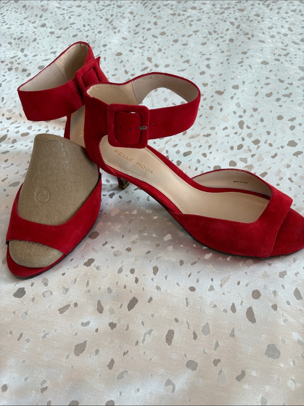 Pelle Moda Red Suede Buckle Ankle-Strap Sandals